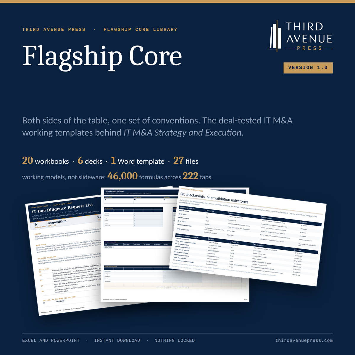 Flagship Core IT M&A Template Library - 20 workbooks, 6 decks, 1 Word template, 27 files